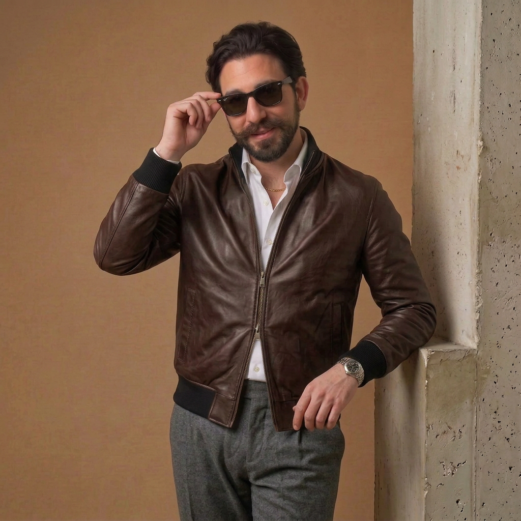 Bomber n pelle testa di moro con zip "Brera"