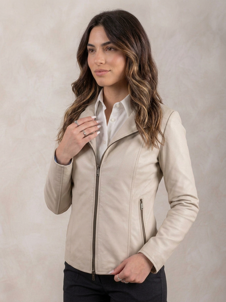 Giacca biker in pelle donna "Perla" — nappa ghiaccio