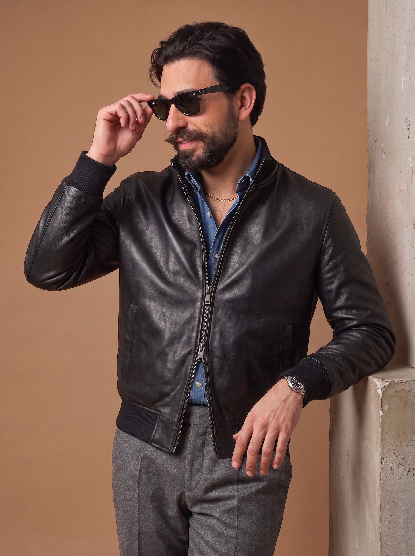 Bomber in pelle uomo "Brera" — nero con zip