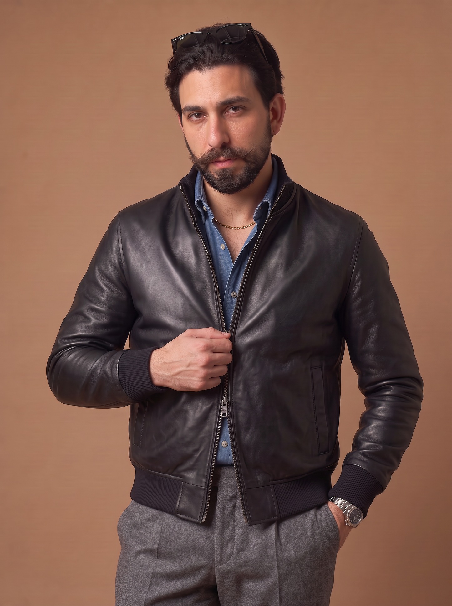 Bomber in pelle uomo "Brera" — nero con zip