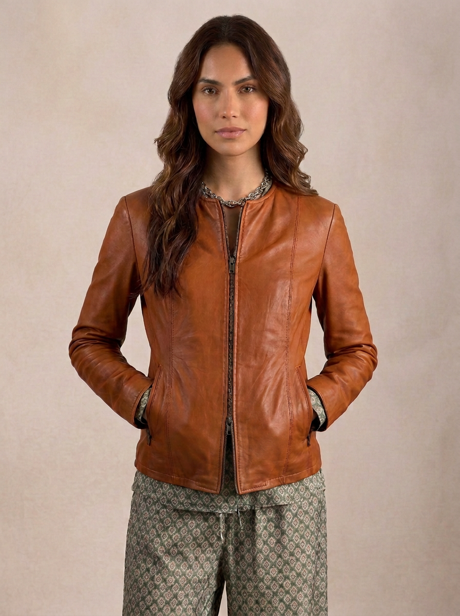 Giacca biker in pelle donna "Perla" — scollato cognac