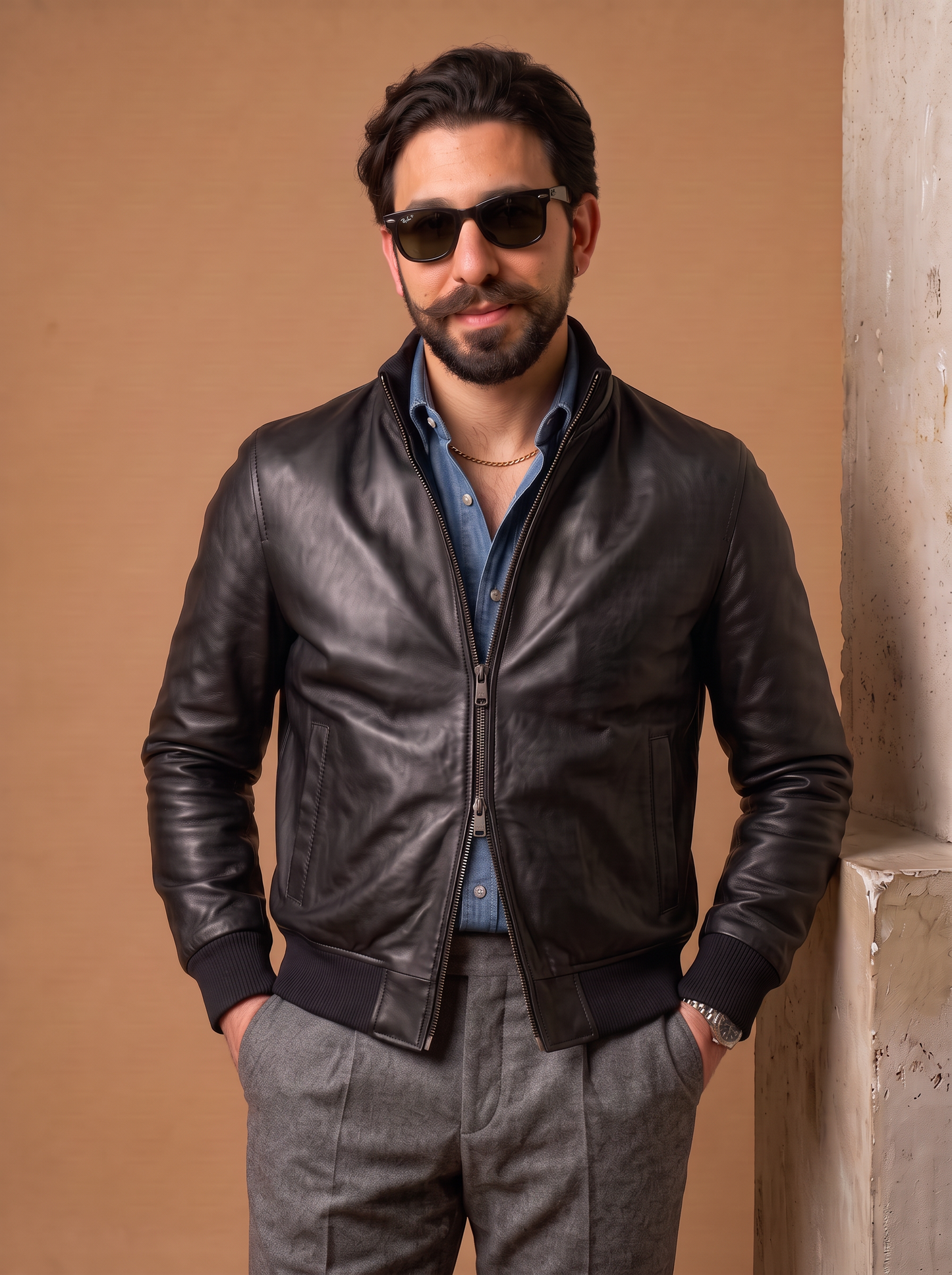 Bomber in pelle uomo "Brera" — nero con zip