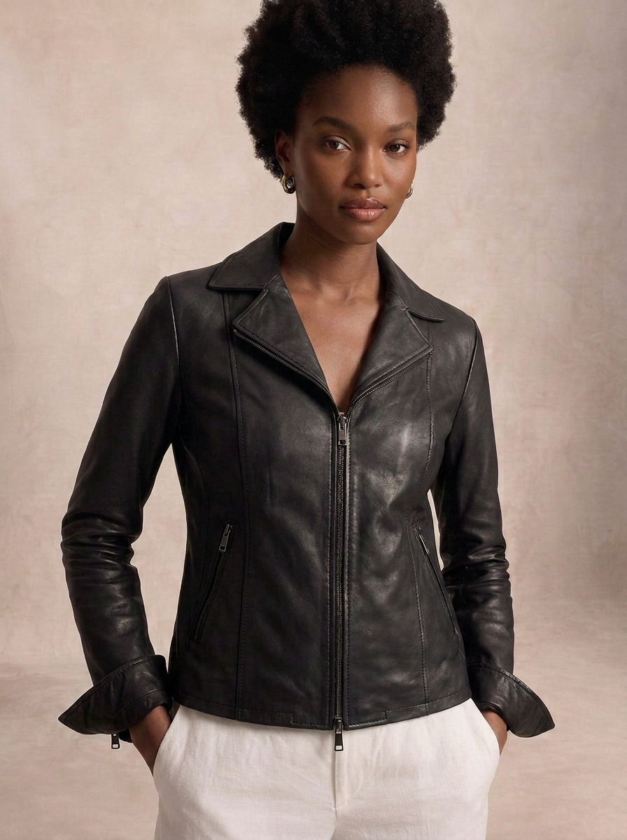 Giacca biker in pelle donna "Perla" — nappa nera