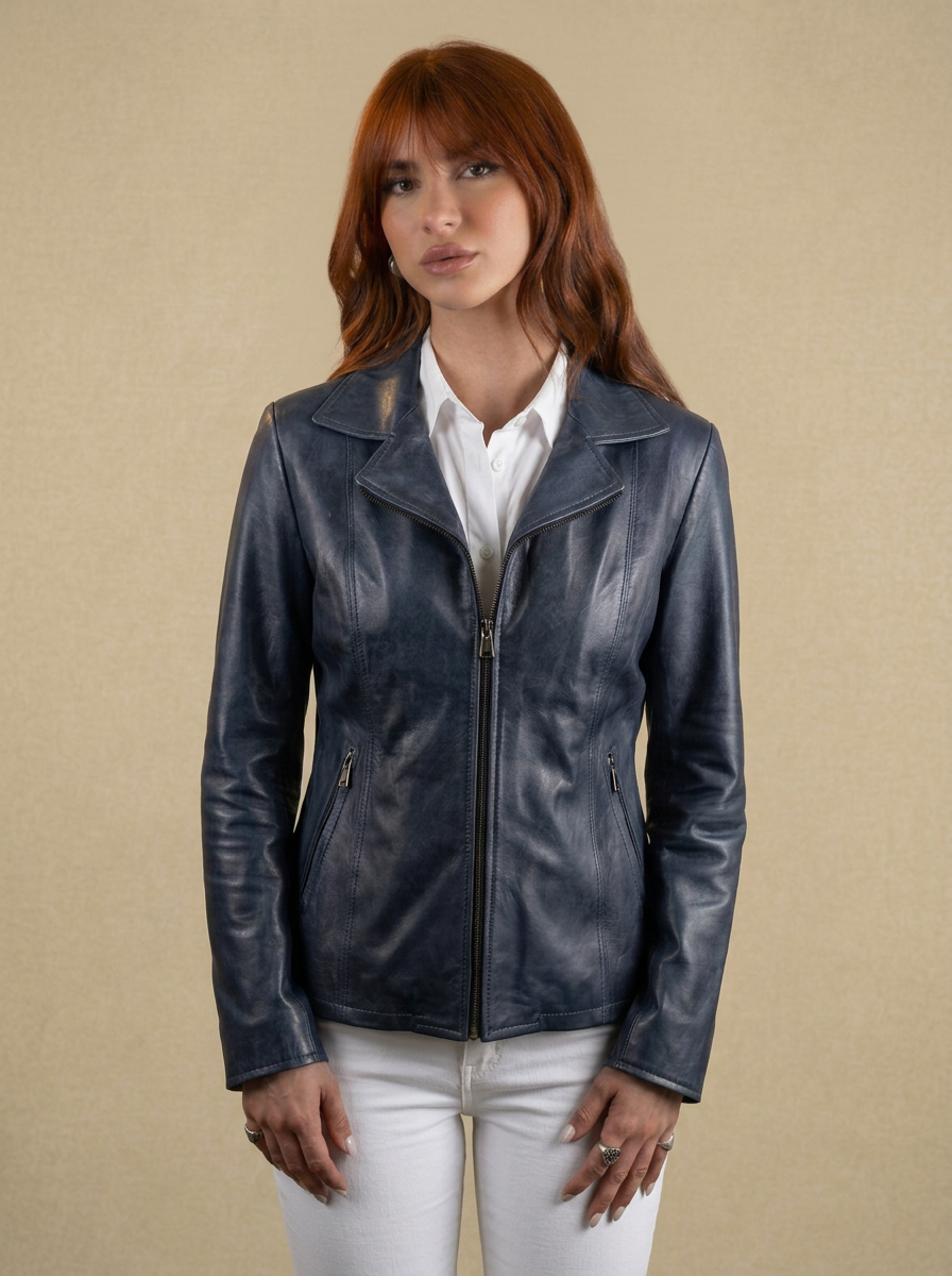 Giacca biker in pelle donna "Perla" — blu tamponato