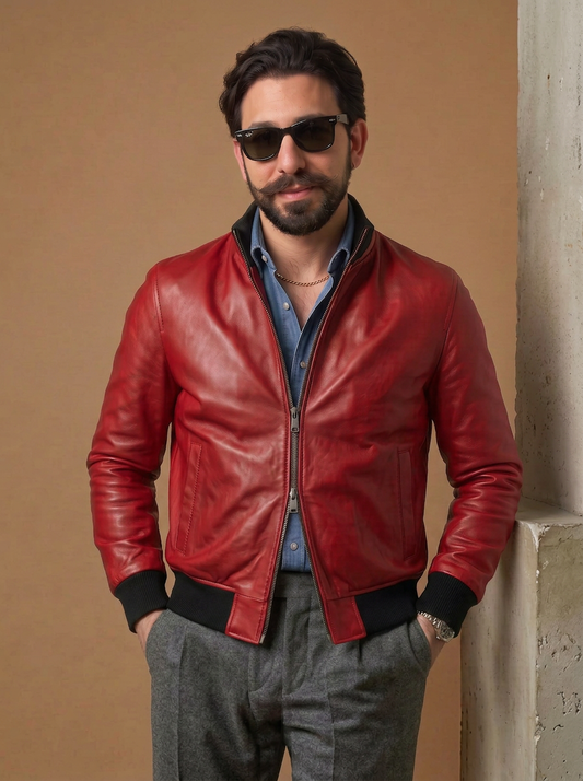 Bomber in pelle uomo "Brera" — rosso con zip