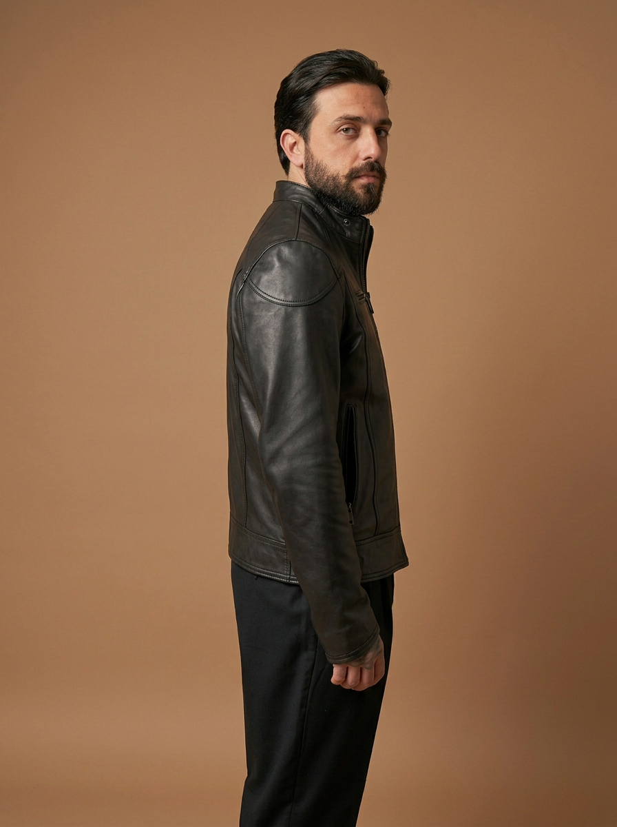 Giacca biker in pelle uomo "Vireo" — agnello con cappuccio staccabile, waxy