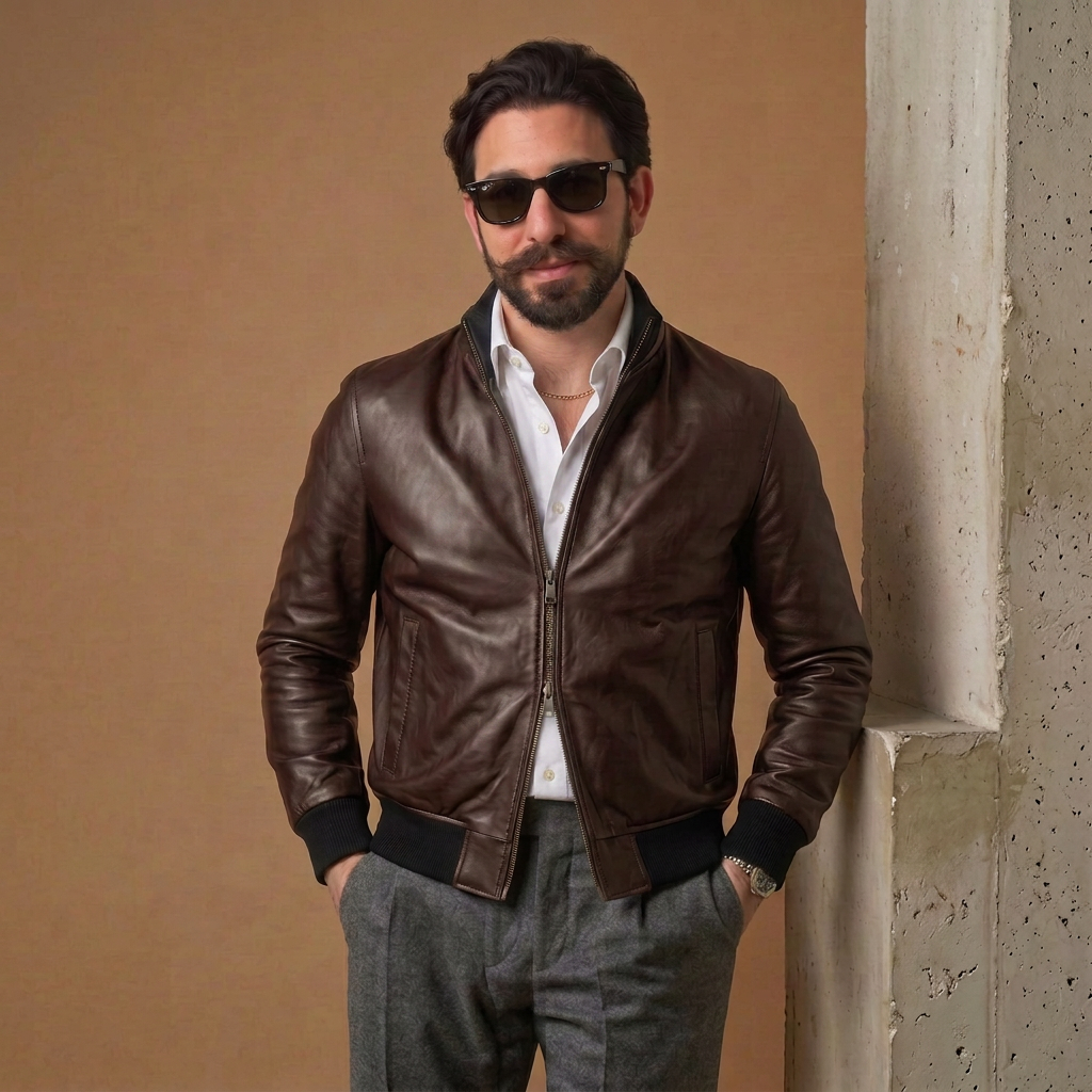 Bomber n pelle testa di moro con zip "Brera"