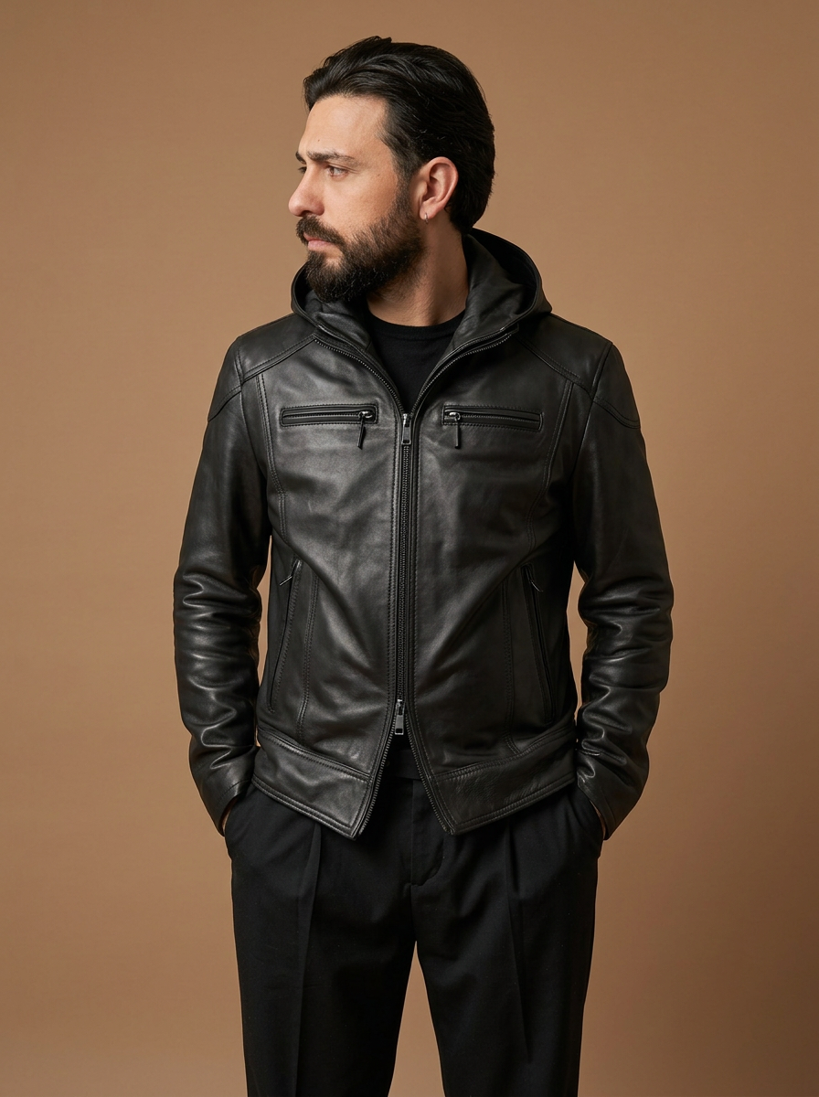 Giacca biker in pelle uomo "Vireo" — agnello con cappuccio staccabile, waxy