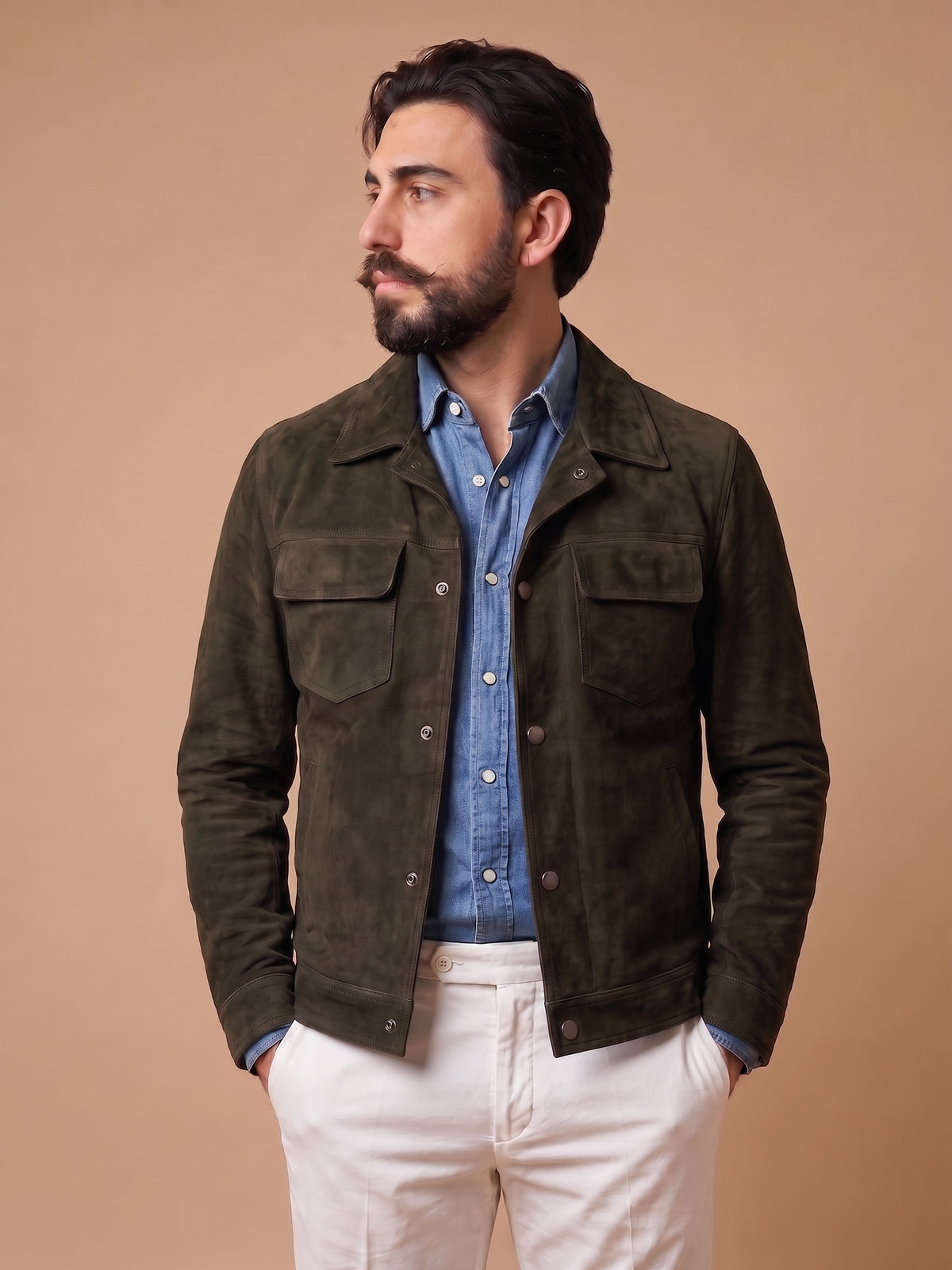 Giacca in camoscio verde militare "Brando"