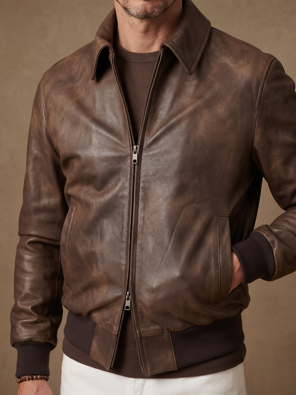 Bomber in pelle di agnello effetto vintage "Brera zip"