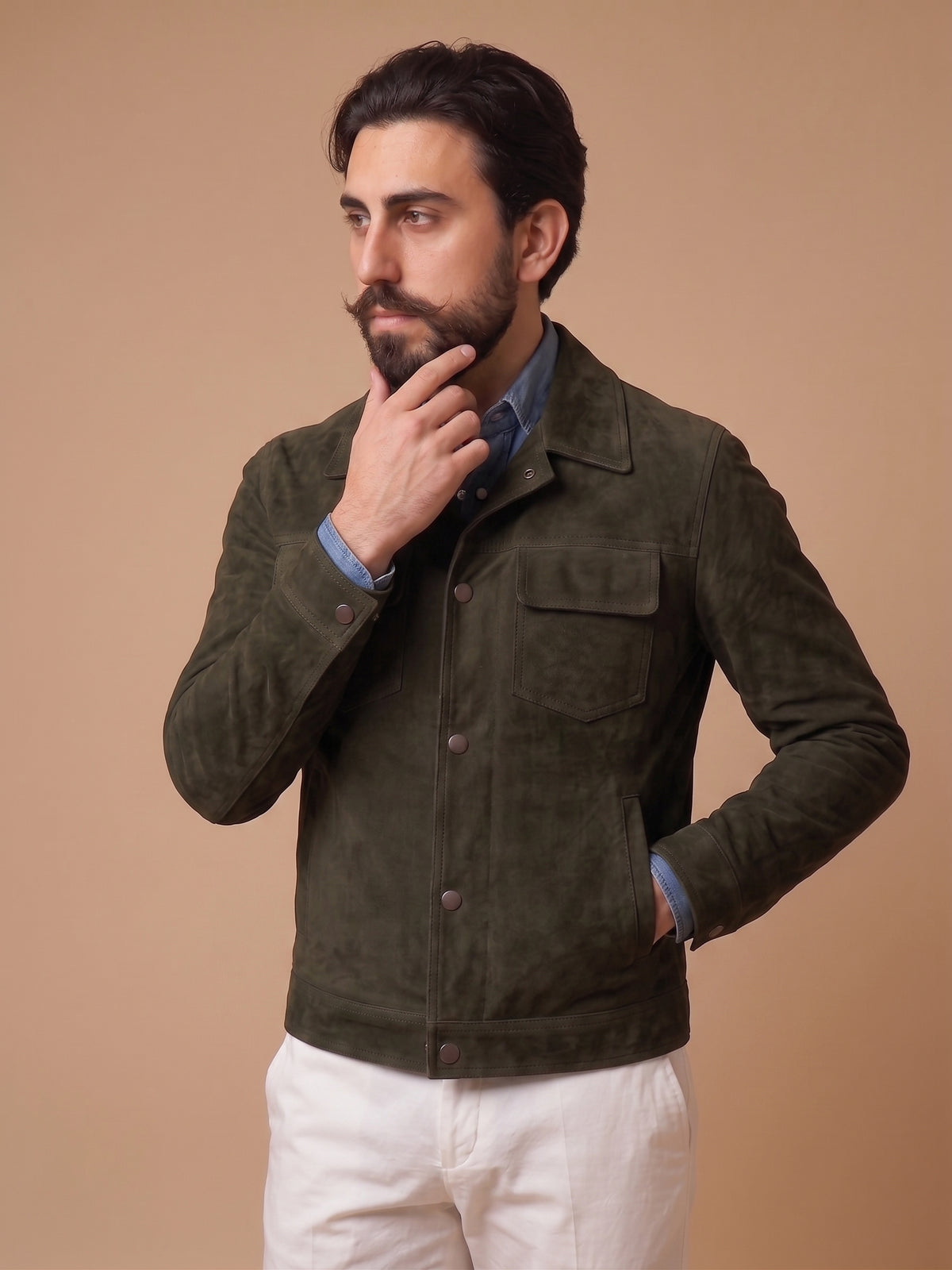 Giacca in camoscio verde militare "Brando"