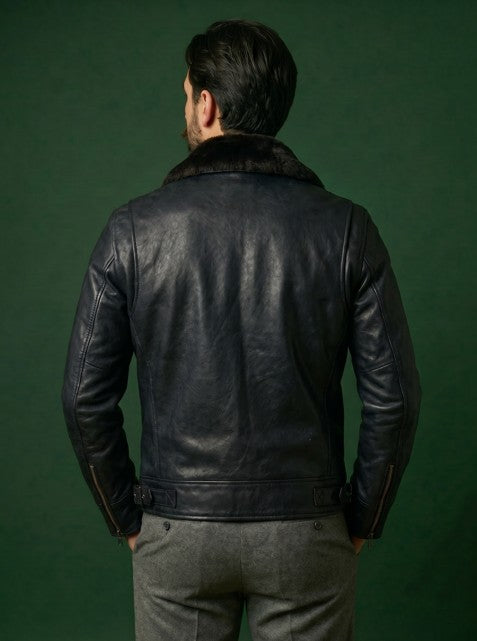Giacca biker in pelle uomo "Heritage Rider" — agnello nero, concia vegetale