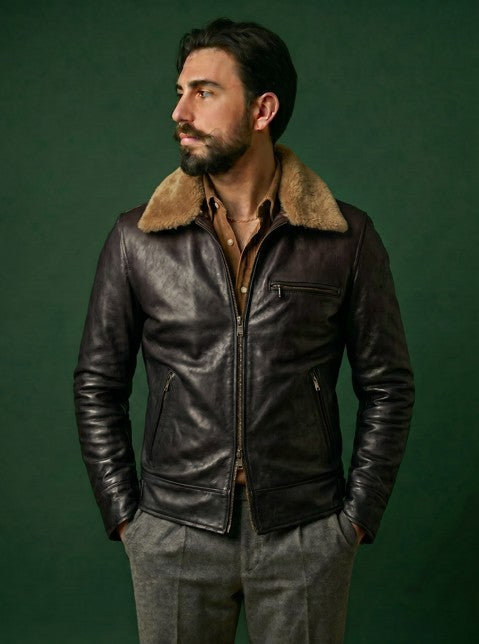 Giacca biker in pelle uomo "Heritage Rider" — testa di moro
