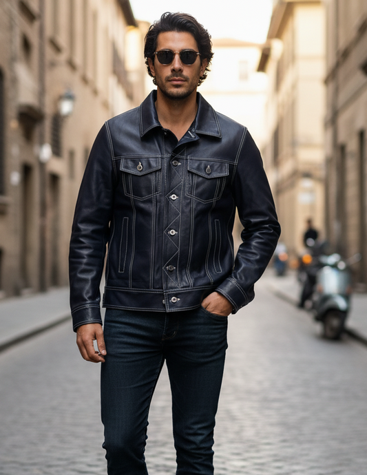 « Trucker » Cuir naturel bleu foncé