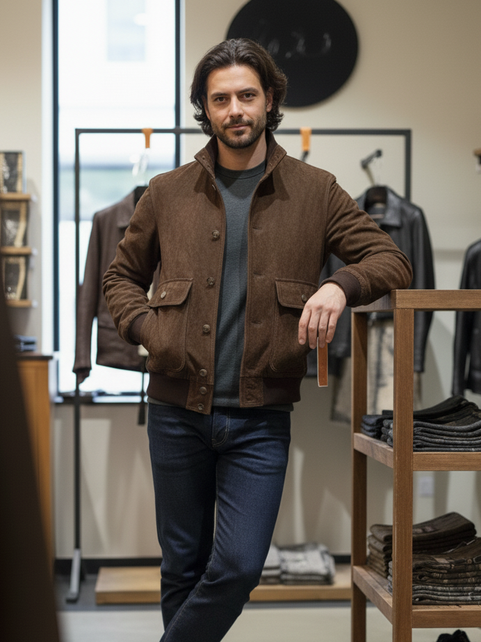 Blouson aviateur en cuir de veau suédé « Brera » Automne-Hiver